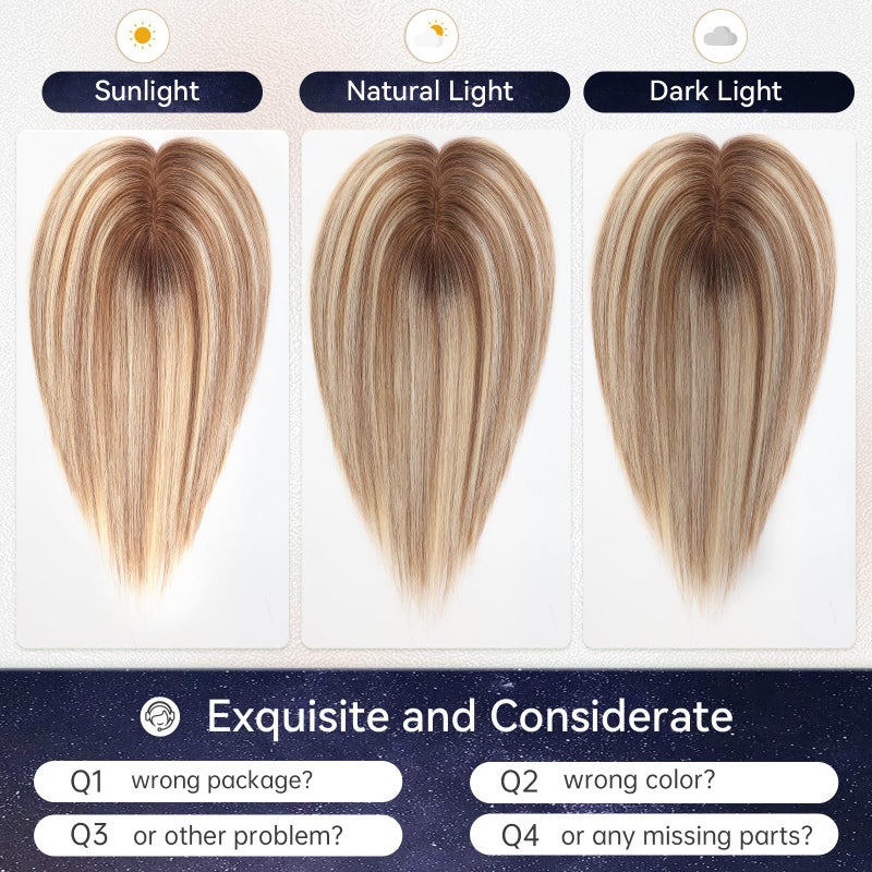 starluck Hair Toppers for Women Real Human Hair 7"*7" Large Base ombre Blonde mix Brown No Bangs 100% Real Human Hair Toppers for Women with ThinningHair Cover Gray Roots - Image 4