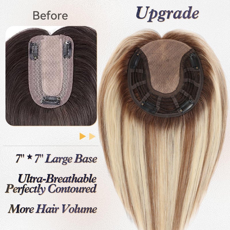 starluck Hair Toppers for Women Real Human Hair 7"*7" Large Base ombre Blonde mix Brown No Bangs 100% Real Human Hair Toppers for Women with ThinningHair Cover Gray Roots - Image 5