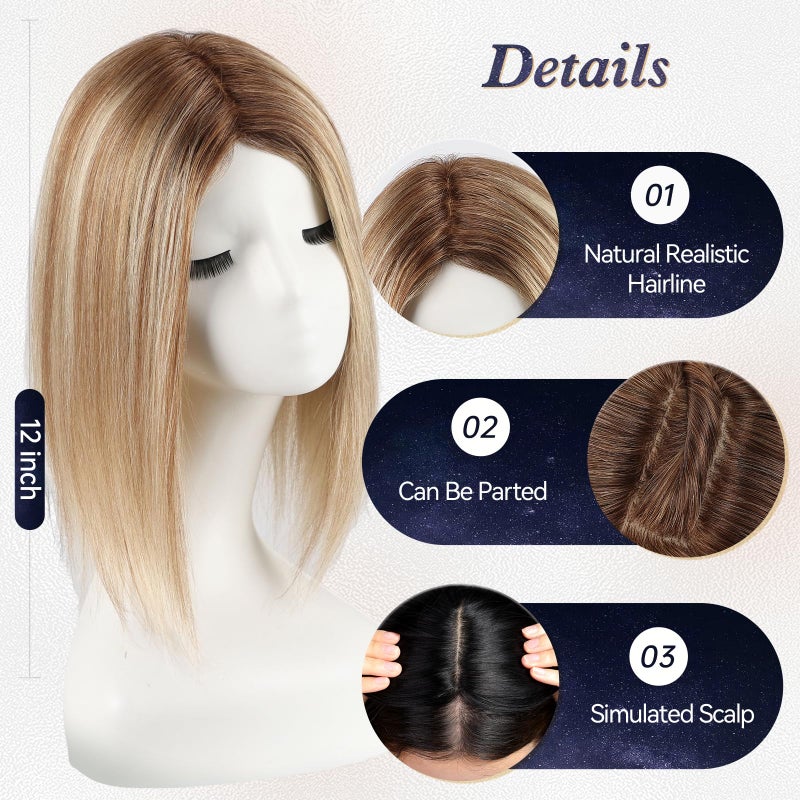 starluck Hair Toppers for Women Real Human Hair 7"*7" Large Base ombre Blonde mix Brown No Bangs 100% Real Human Hair Toppers for Women with ThinningHair Cover Gray Roots - Image 3
