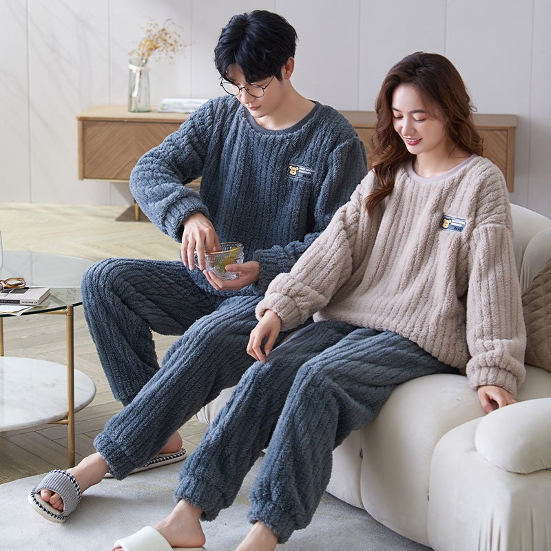 Couple Pajamas Fleece-Lined Thickened Warm Coral Fleece Women'S Cute Cartoon Winter Home Clothes Suit Men'S - Image 1