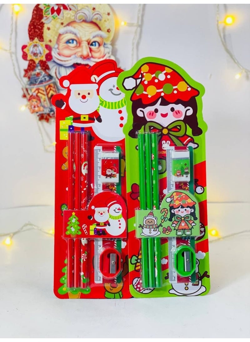 كريسماس كارت اقلام الكريسماس  بأشكال الكريسماس  الكارت فيه 3 اقلام رصاص  و استيكة و برايا  و مسطرة  الكارت مكون من 6 قطع - Image 1