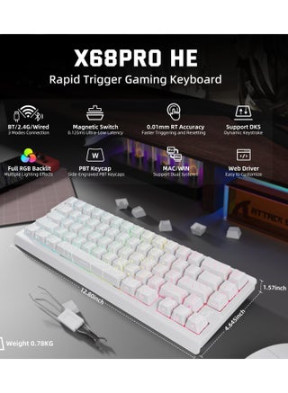 لوحة مفاتيح ألعاب لاسلكية X68PRO HE 60% سريعة التشغيل مع تشغيل قابل للتعديل، معدل اقتراع 8K، مفتاح مغناطيسي بتأثير هول، تبديل سريع، إضاءة خلفية RGB، بلوتوث/2.4 جيجاهرتز/سلكي، لألعاب FPS - أبيض - view 2