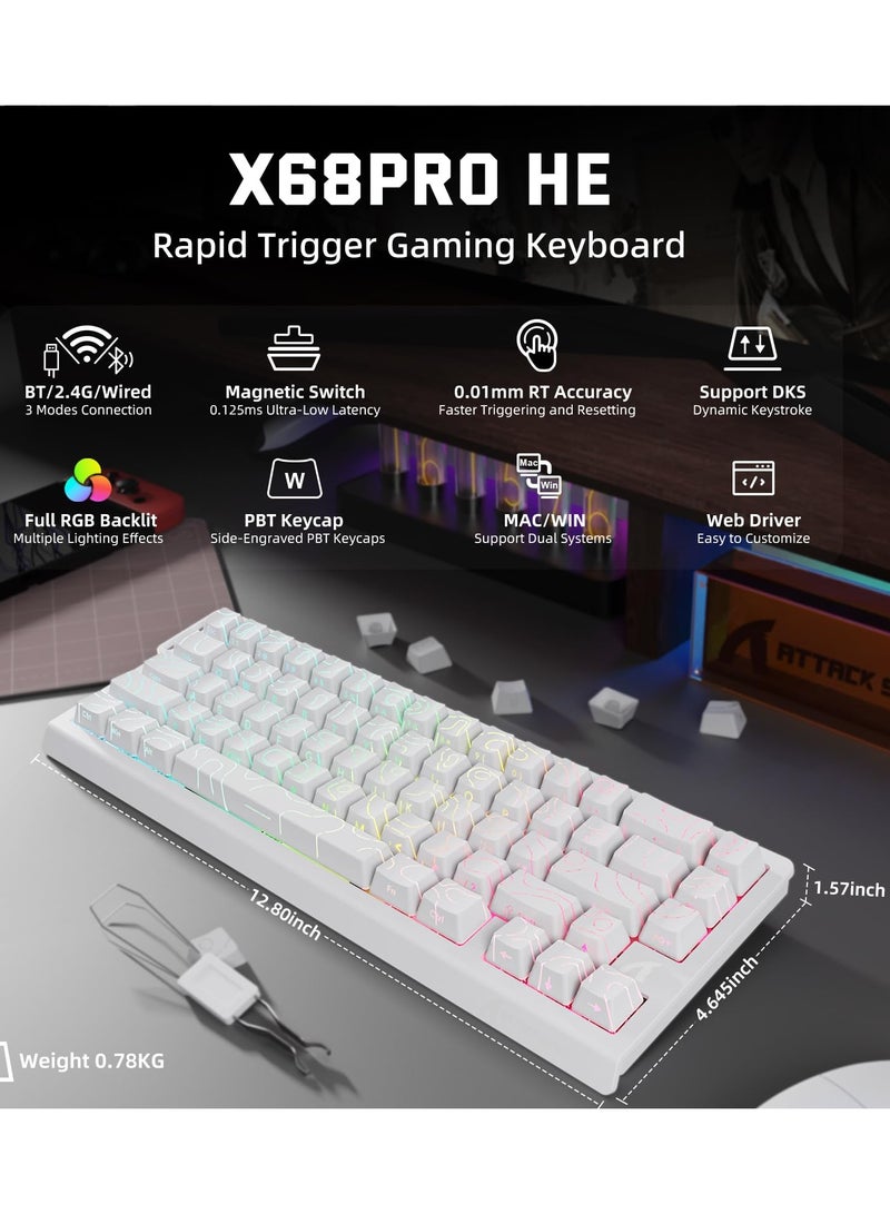 هجوم القرش لوحة مفاتيح ألعاب لاسلكية X68PRO HE 60% سريعة التشغيل مع تشغيل قابل للتعديل، معدل اقتراع 8K، مفتاح مغناطيسي بتأثير هول، تبديل سريع، إضاءة خلفية RGB، بلوتوث/2.4 جيجاهرتز/سلكي، لألعاب FPS - أبيض - Image 2