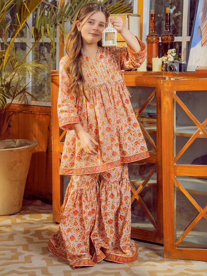 Naixa Girls Orange Rayon Round Neck 3/4 Sleeve Floral Printed Flared-Fit Kurta and Sharara with Dupatta Set | latest Floral Designer Printed Salwar Suits Set With Dupatta for Girls (SE40_9-10 Year) - Image 2