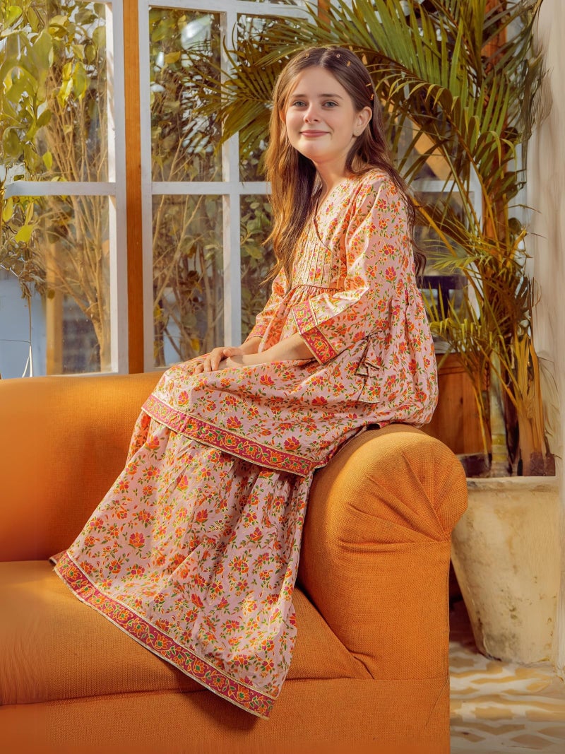 Naixa Girls Orange Rayon Round Neck 3/4 Sleeve Floral Printed Flared-Fit Kurta and Sharara with Dupatta Set | latest Floral Designer Printed Salwar Suits Set With Dupatta for Girls (SE40_9-10 Year) - Image 5