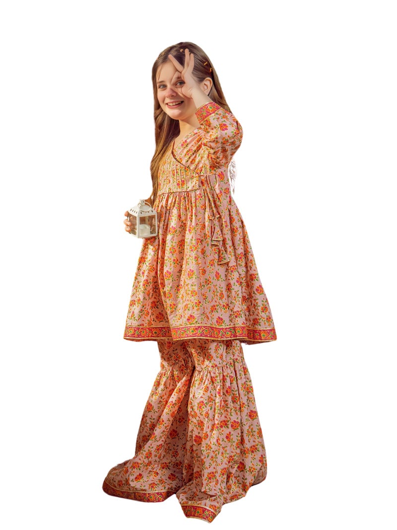 Naixa Girls Orange Rayon Round Neck 3/4 Sleeve Floral Printed Flared-Fit Kurta and Sharara with Dupatta Set | latest Floral Designer Printed Salwar Suits Set With Dupatta for Girls (SE40_9-10 Year) - Image 1