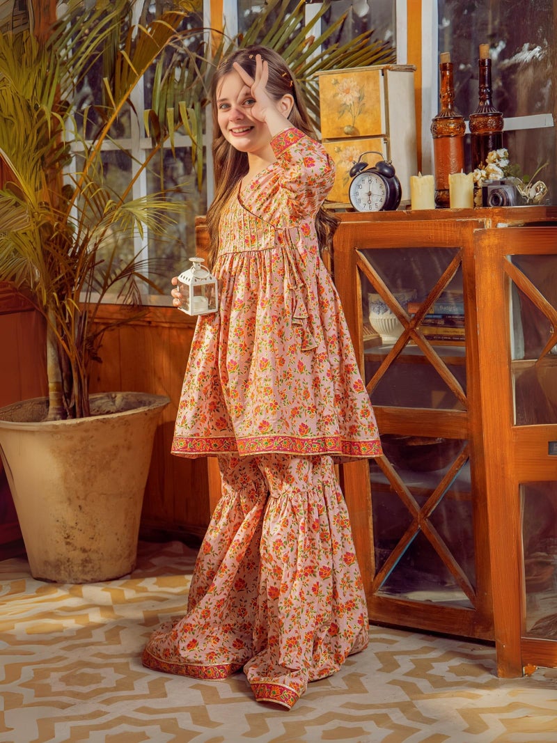 Naixa Girls Orange Rayon Round Neck 3/4 Sleeve Floral Printed Flared-Fit Kurta and Sharara with Dupatta Set | latest Floral Designer Printed Salwar Suits Set With Dupatta for Girls (SE40_9-10 Year) - Image 3