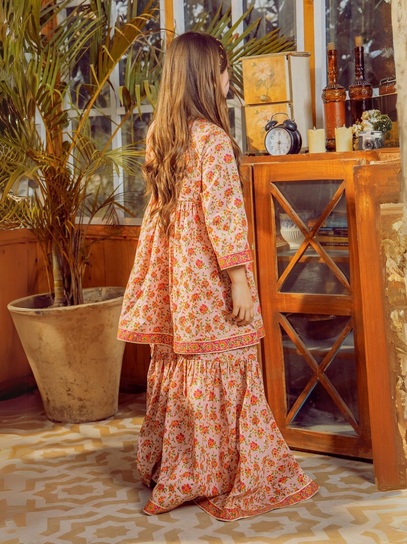 Naixa Girls Orange Rayon Round Neck 3/4 Sleeve Floral Printed Flared-Fit Kurta and Sharara with Dupatta Set | latest Floral Designer Printed Salwar Suits Set With Dupatta for Girls (SE40_9-10 Year) - Image 4