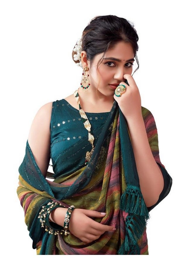 SIRIL ساري جورجيت للنساء من سيريلي | ساري للنساء | ساري مزخرف بخطوط زري مع قطعة بلوزة غير مخيطة (3498S722A_Rama & Pink) - Image 1