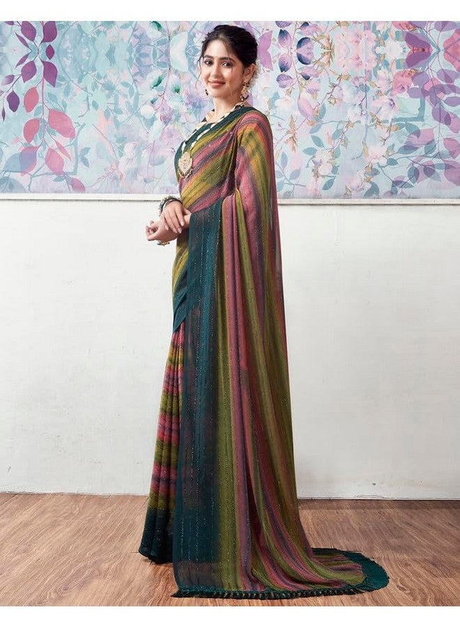 SIRIL ساري جورجيت للنساء من سيريلي | ساري للنساء | ساري مزخرف بخطوط زري مع قطعة بلوزة غير مخيطة (3498S722A_Rama & Pink) - Image 2