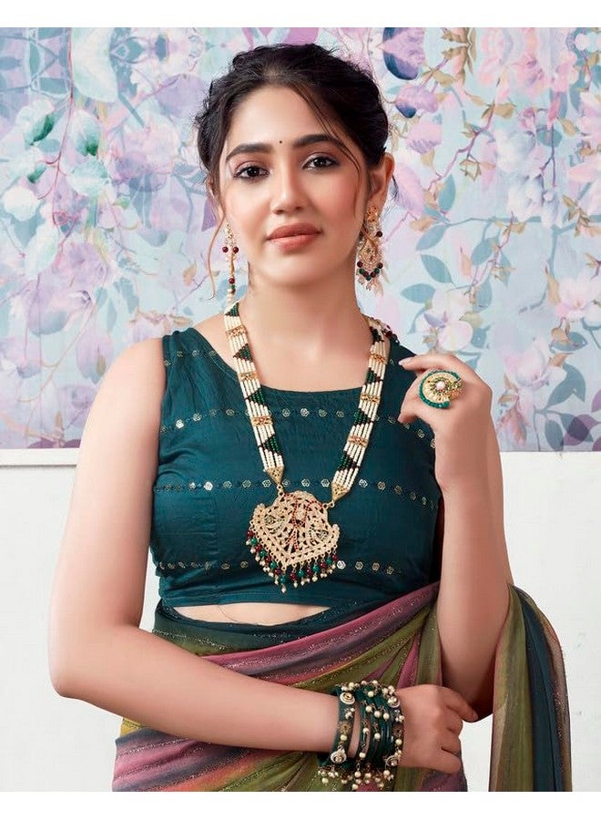 SIRIL ساري جورجيت للنساء من سيريلي | ساري للنساء | ساري مزخرف بخطوط زري مع قطعة بلوزة غير مخيطة (3498S722A_Rama & Pink) - Image 5