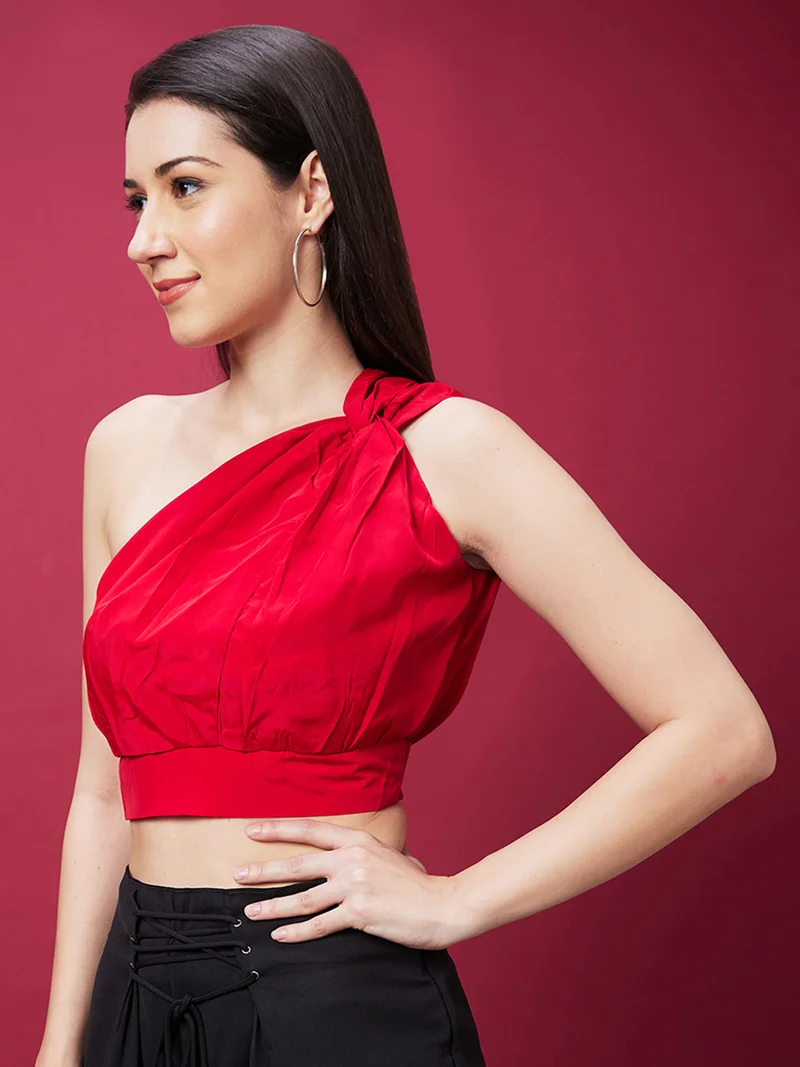 globus Women Red One Shoulder Twisted Smocked Crepe Crop Top