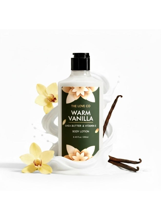 ذا لوف كو. لوشن الجسم الدافئ برائحة الفانيليا من ذا لوف كو - تغذية عميقة بزبدة الشيا وفيتامين هـ - ترطيب يدوم طويلًا لبشرة ناعمة ومتوهجة - عطر فانيليا فاخر - 250 مل - Image 1