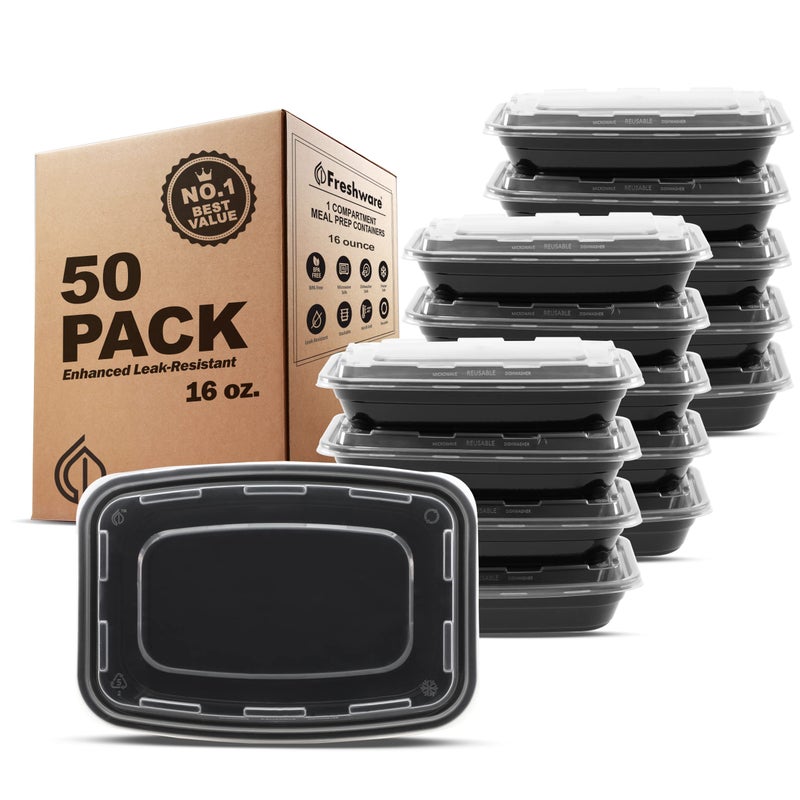 Freshware Meal Prep Containers [50 Pack] 1 Compartment Food Storage Containers with Lids, Bento Box, BPA Free, Stackable, Microwave/Dishwasher/Freezer Safe (16 oz) - Image 1
