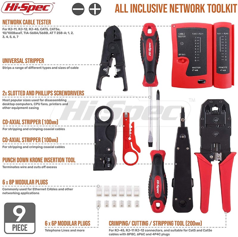 Hi-Spec 9pc Network Cable Tester Tool Kit Set for CAT5, CAT6, RJ11, RJ45. Ethernet LAN Crimper, Punchdown, Coax Stripper & More - Image 2