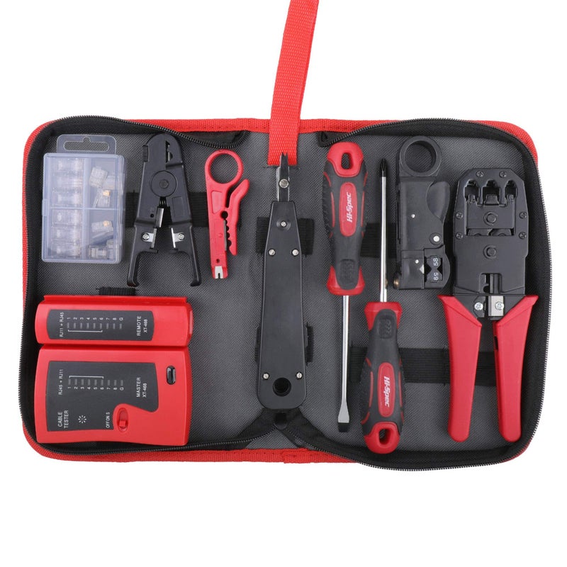 Hi-Spec 9pc Network Cable Tester Tool Kit Set for CAT5, CAT6, RJ11, RJ45. Ethernet LAN Crimper, Punchdown, Coax Stripper & More - Image 1