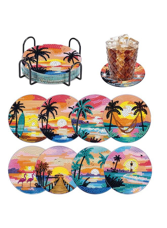 Yanfairy 8 PCS Beach Moon Diamond Art Coasters Kits, Diamond Painting Coasters with Holder Set of 8, DIY Drink Coasters Art Crafts Supplies for Adults Cup Mat for Home Decor House Warming Gifts 3.9inch - Image 1