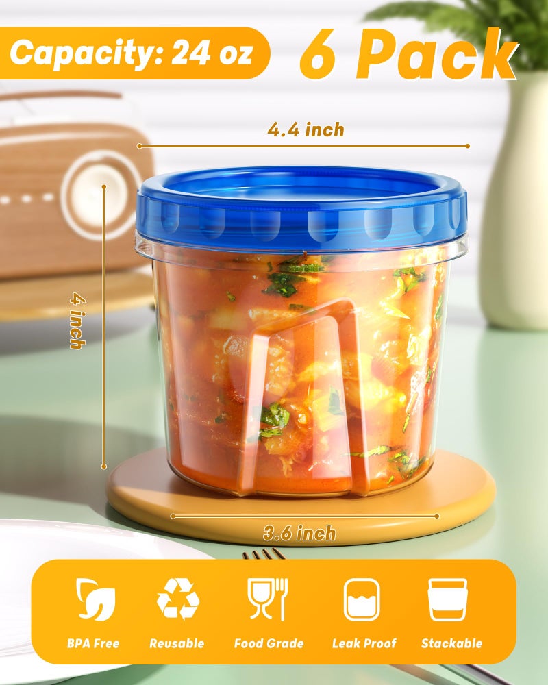BiuLeon 6 Pack-24 oz Freezer Storage Containers, Plastic Food Storage Containers with Twist Top Lids, BPA Free and Reusable Soup Containers with Lids, Leakproof/Microwave/Dishwasher Safe - Image 2