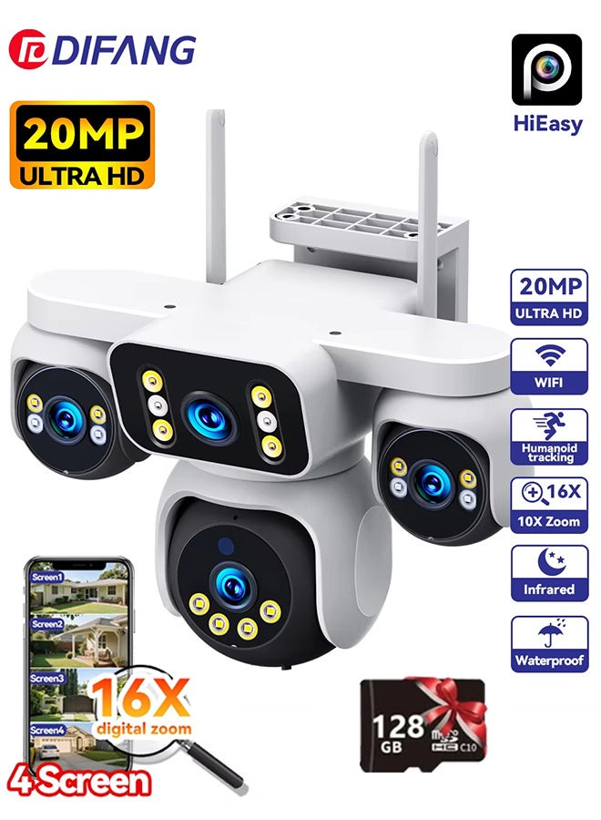 DIFANG 20MP CCTV 4 Lens 4 Screen Security WiFi 360° IP Camera 16X Zoom & Auto Tracking CCTV 10K Wireless Surveillance IP Camera Outdoor WITH 128G Card - Image 1