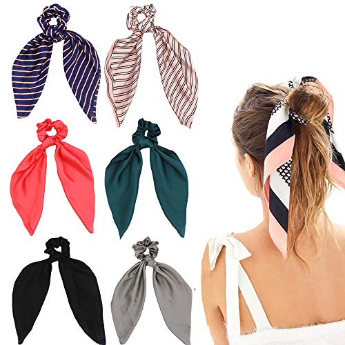 DINPREY Silk Satin Hair Scrunchies, Hair Scarf with Flower Pattern, Stripe Printed Hair Bobbles for Ponytail Holder (6 Pcs Stripes & Solid Colors Silk) - Image 1