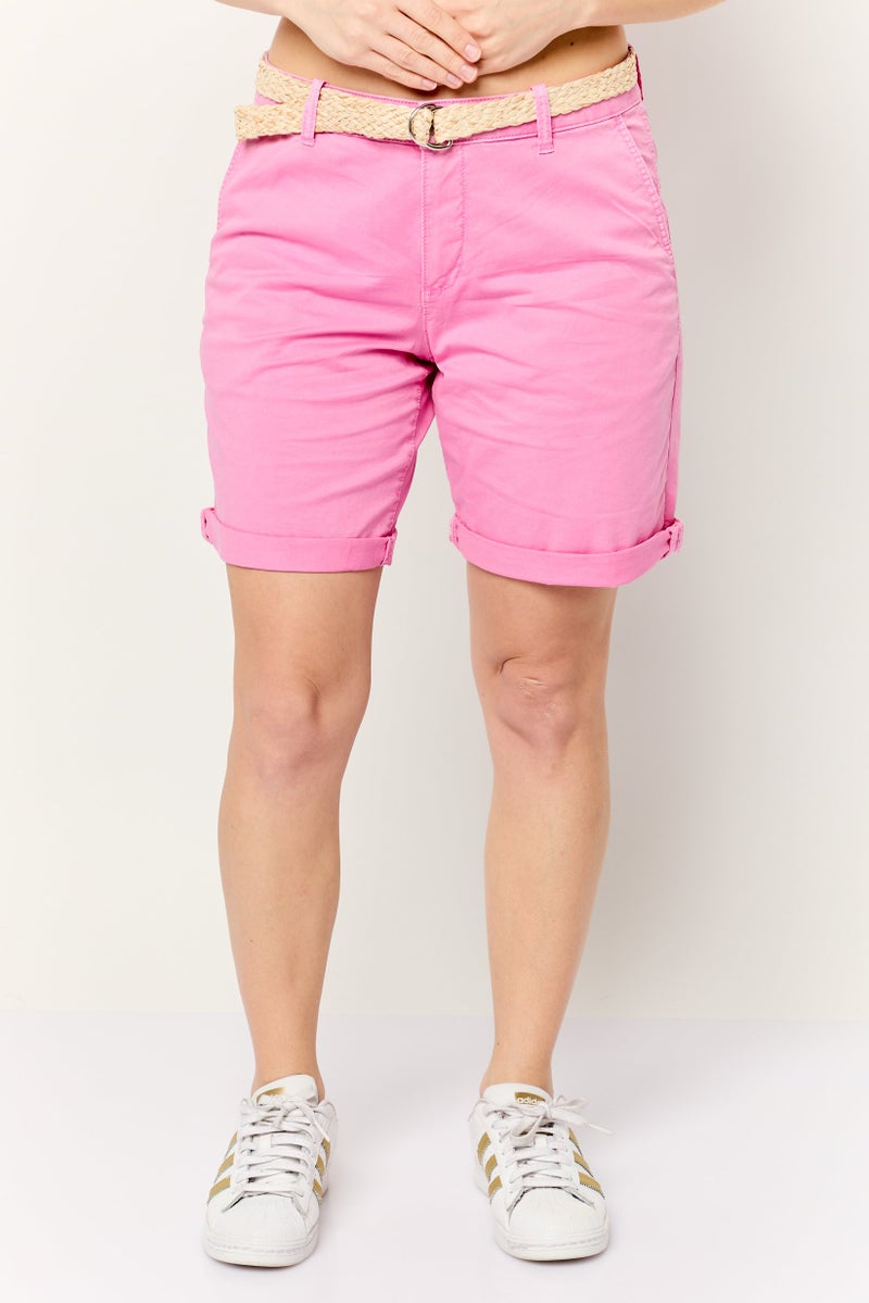 ESPRIT Women Regular Fit Plain Belted Shorts, Pink - Image 1