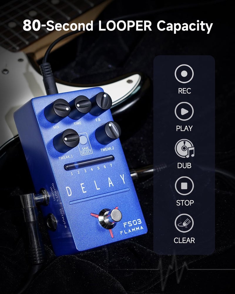 FLAMMA FS03 Electric Guitar Delay Effects Pedal with Looper Stereo Digital Sound 6 Delay Effects Storable Preset Tap Tempo Trail On True Bypass for Pedal Boards - Image 4