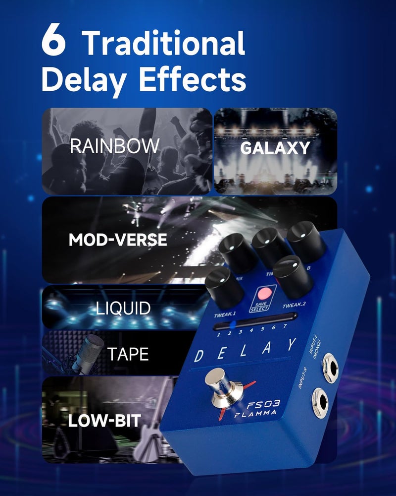 FLAMMA FS03 Electric Guitar Delay Effects Pedal with Looper Stereo Digital Sound 6 Delay Effects Storable Preset Tap Tempo Trail On True Bypass for Pedal Boards - Image 3