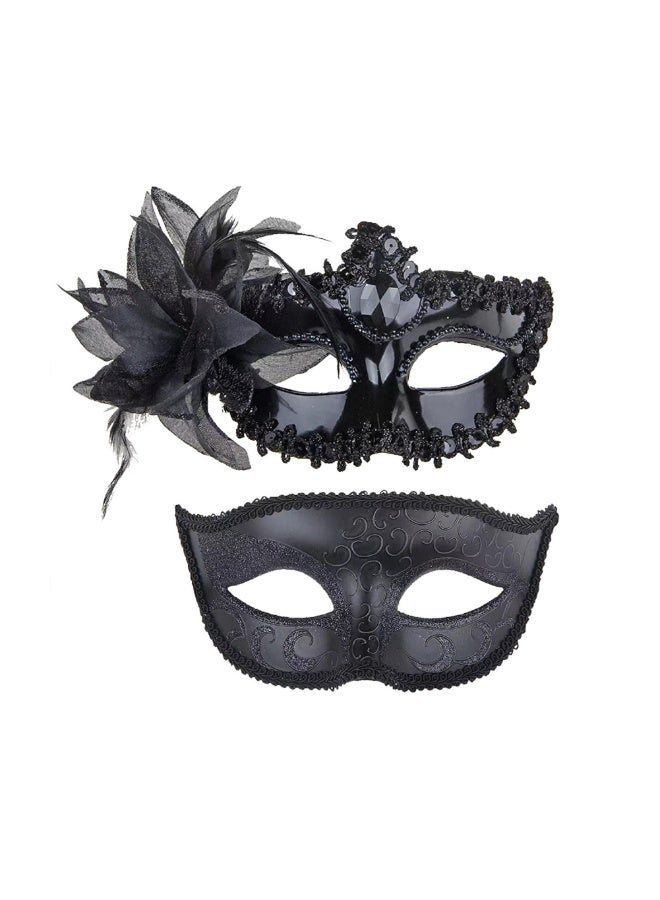 OSHIMA 2 Pcs Masquerade Mask, Black Couple Mask Masquerade with Feather, Prom Venetian Mask for Costume Parties for Kids & Adults, Women's and Men's Cosplay Mask - Image 1