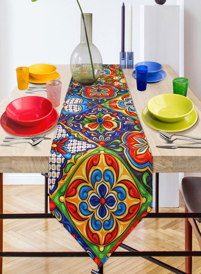 AILUER Mexican Talavera Ceramic Tile Pattern Linen Table Runners Dinner Table Setting Dresser Scarves Farmhouse Style for Party Holidays Home Kitchen Decoration (Mexican Talavera, 13"x 71") - Image 2