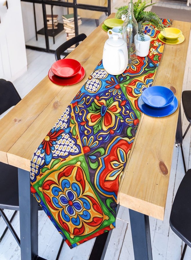 AILUER Mexican Talavera Ceramic Tile Pattern Linen Table Runners Dinner Table Setting Dresser Scarves Farmhouse Style for Party Holidays Home Kitchen Decoration (Mexican Talavera, 13"x 71") - Image 3