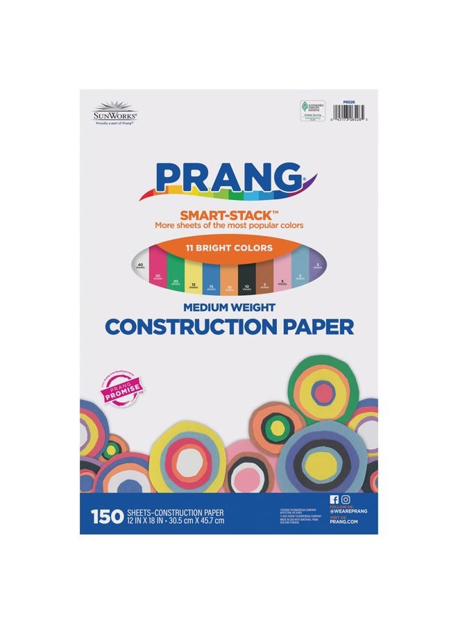 Prang SunWorks 6526 Construction Paper, 11 Assorted Colors, 12" x 18", 150 Sheets - Image 1