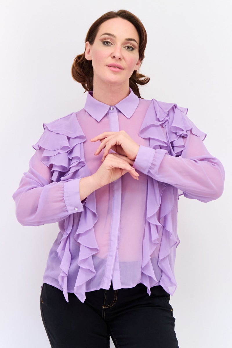 KOTON قميص نسائي بأكمام طويلة وياقة مدببة مع تفاصيل كشكش، ليلك - Image 1