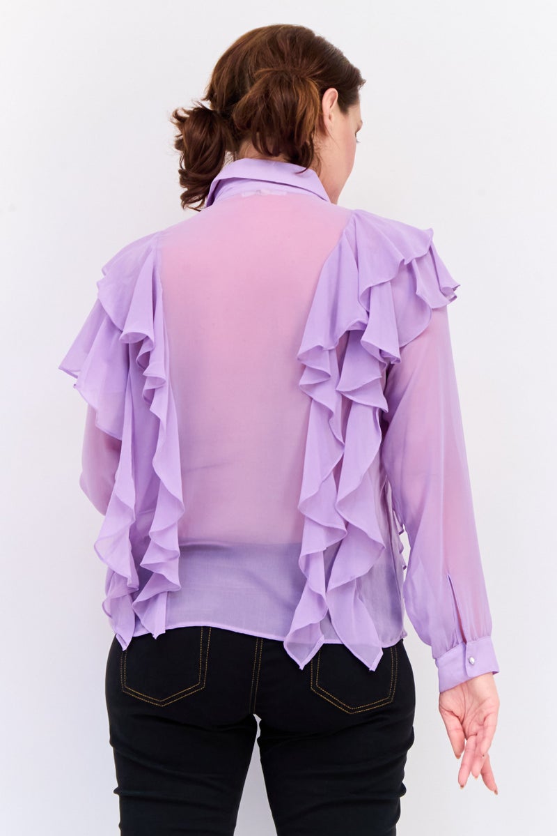 KOTON قميص نسائي بأكمام طويلة وياقة مدببة مع تفاصيل كشكش، ليلك - Image 3