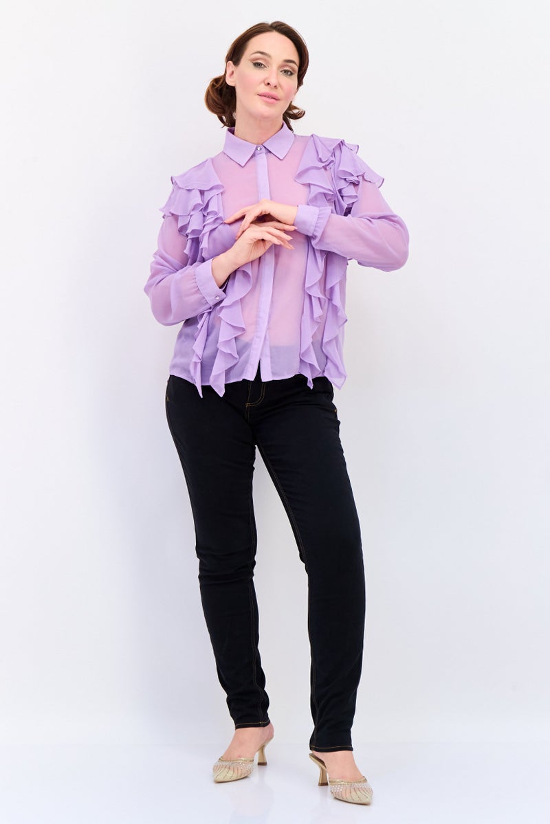 KOTON قميص نسائي بأكمام طويلة وياقة مدببة مع تفاصيل كشكش، ليلك - Image 2