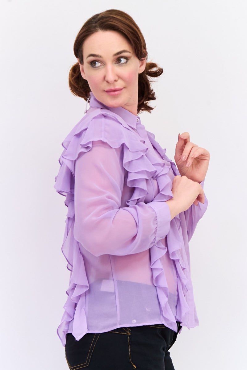 KOTON قميص نسائي بأكمام طويلة وياقة مدببة مع تفاصيل كشكش، ليلك - Image 4