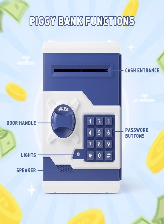 Playsheek Piggy Bank for Girls Boys Large Electronic Money Coin Banks with Password Protection, Automatic Paper Money Scroll Saving Box, Great Gift for Kids(Blue-White) - Image 4