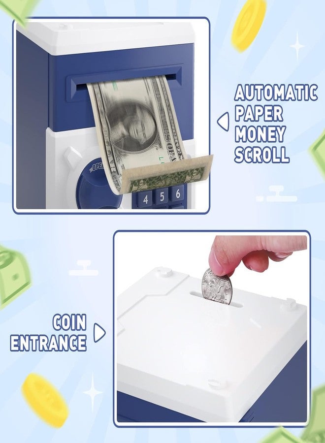 Playsheek Piggy Bank for Girls Boys Large Electronic Money Coin Banks with Password Protection, Automatic Paper Money Scroll Saving Box, Great Gift for Kids(Blue-White) - Image 2