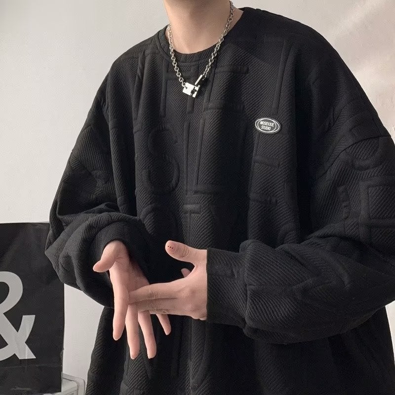 American waffle three-dimensional embossed letter sweater mens autumn New loose Hong Kong style ins fashion brand hooded coat Black - Image 1