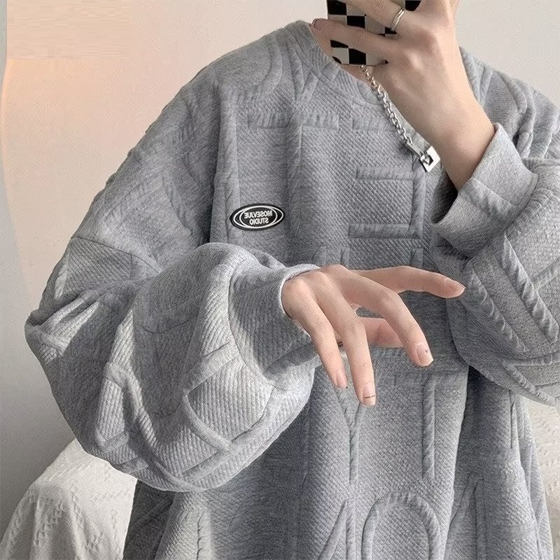 American waffle three-dimensional embossed letter sweater mens autumn New loose Hong Kong style ins fashion brand hooded coat Black - Image 3