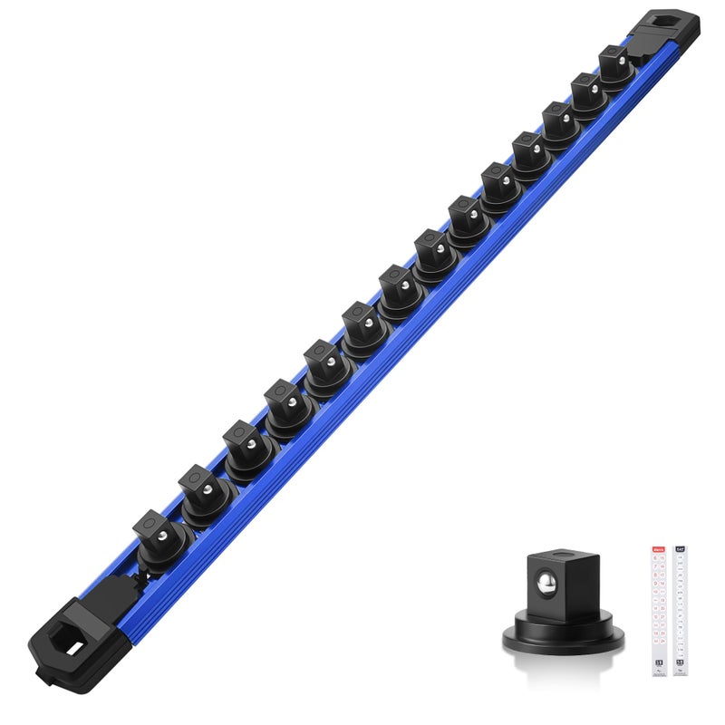 Reniteco Magnetic Socket Organizer, 3/8" Drive Aluminum Alloy Socket Rail, Heavy Duty Magnetic Socket Holder with 14PC 360Â° Swivel Removable Clips, Magnetic Socket Rack for Tool Box Drawer, Blue - Image 1