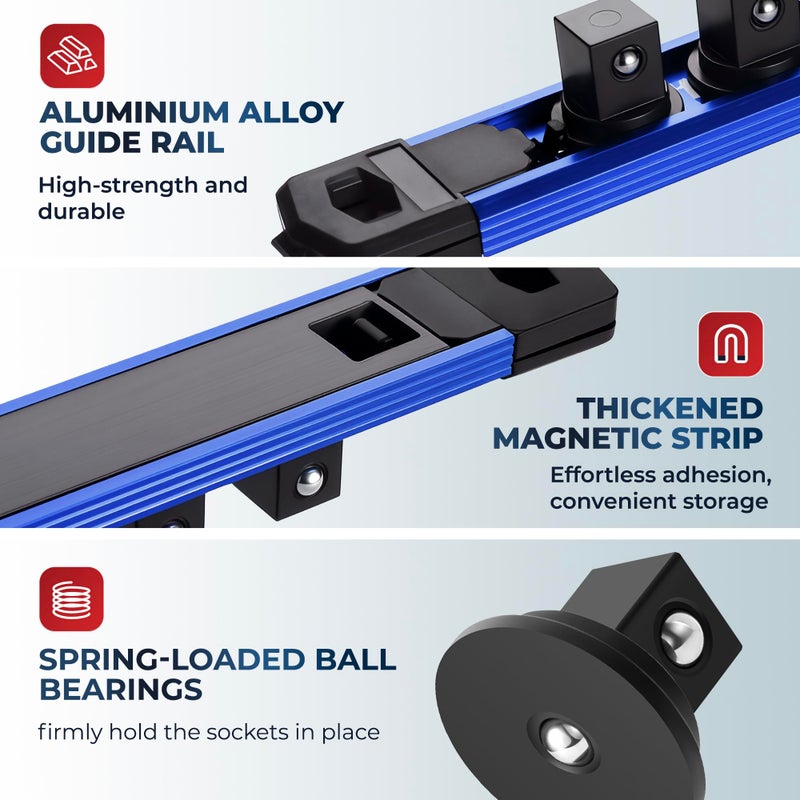 Reniteco Magnetic Socket Organizer, 3/8" Drive Aluminum Alloy Socket Rail, Heavy Duty Magnetic Socket Holder with 14PC 360Â° Swivel Removable Clips, Magnetic Socket Rack for Tool Box Drawer, Blue - Image 2