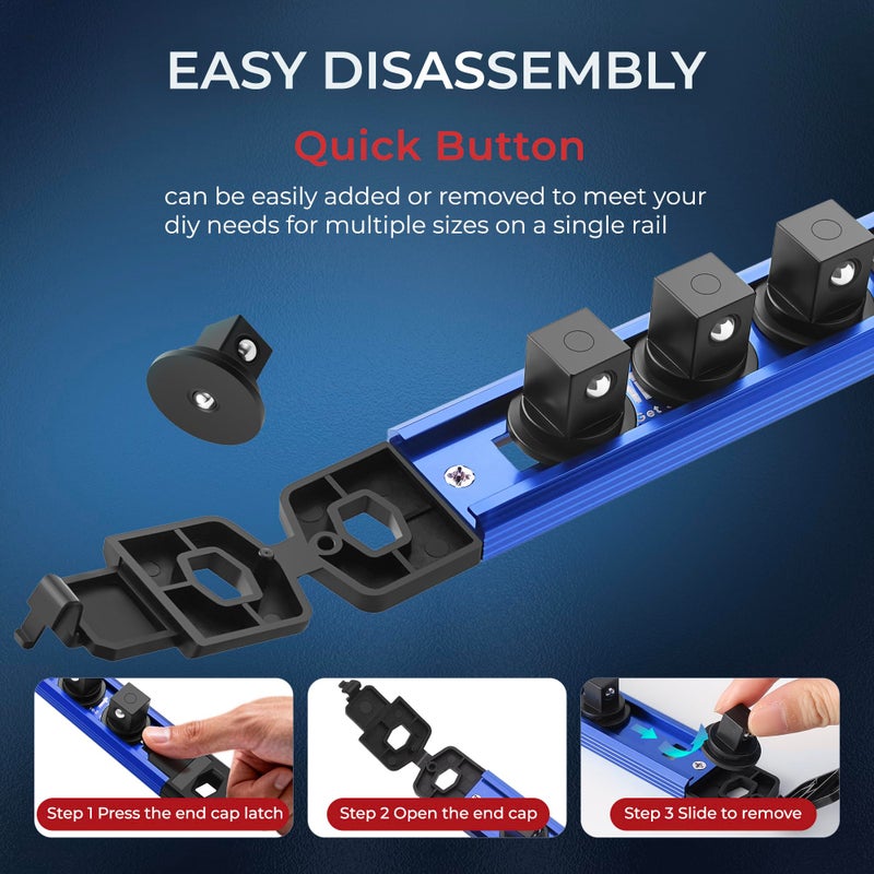 Reniteco Magnetic Socket Organizer, 3/8" Drive Aluminum Alloy Socket Rail, Heavy Duty Magnetic Socket Holder with 14PC 360Â° Swivel Removable Clips, Magnetic Socket Rack for Tool Box Drawer, Blue - Image 4