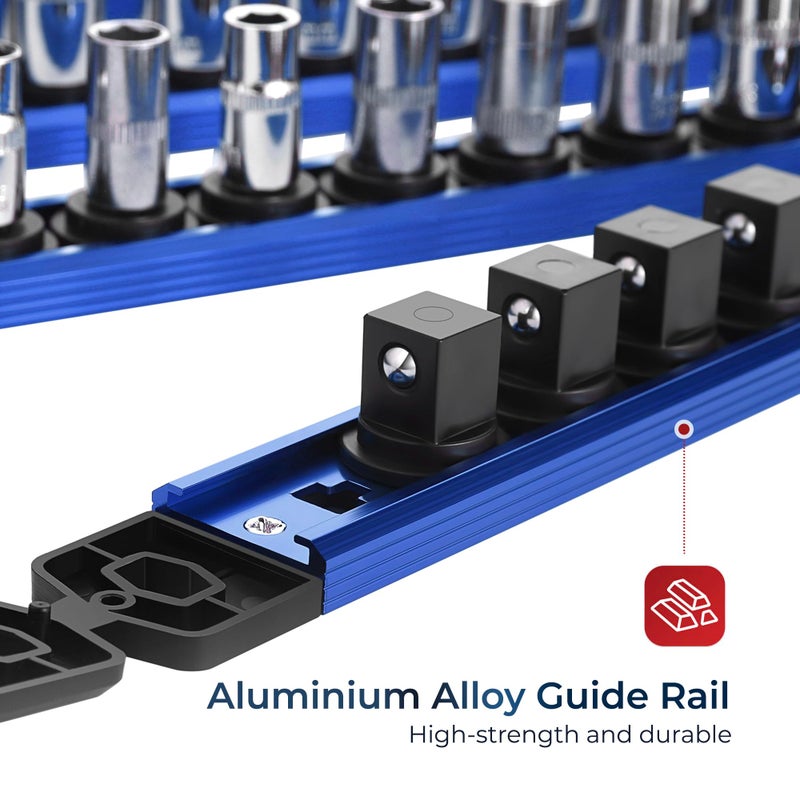 Reniteco Magnetic Socket Organizer, 3/8" Drive Aluminum Alloy Socket Rail, Heavy Duty Magnetic Socket Holder with 14PC 360Â° Swivel Removable Clips, Magnetic Socket Rack for Tool Box Drawer, Blue - Image 5