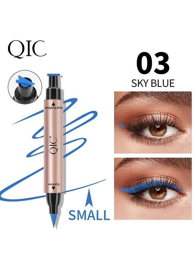 كيو اي سي قلم تحديد الختم ، كحل السائل ختم الجناح بطانة ، طوابع كحل الأزرق المجنح لعيون القطط ، طويلة الأمد سوبر نحافة دقيقة شعر تلميح السائل مزدوج الرأس بطانة العين أدوات الوشم # 03 أزرق - Image 2