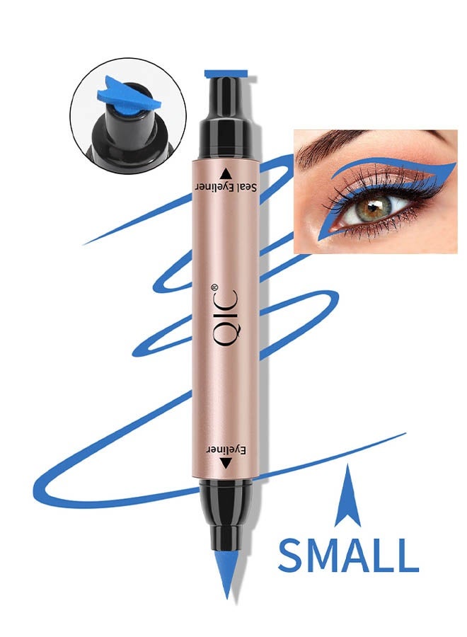 كيو اي سي قلم تحديد الختم ، كحل السائل ختم الجناح بطانة ، طوابع كحل الأزرق المجنح لعيون القطط ، طويلة الأمد سوبر نحافة دقيقة شعر تلميح السائل مزدوج الرأس بطانة العين أدوات الوشم # 03 أزرق - Image 1