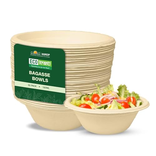 ECO kranti - 180ML Bagasse Disposable Bowls | Pack of 50 | Eco-Friendly, Biodegradable & Compostable | Natural Plant-Based | Long Lasting Bowls for Birthday, Wedding, Party & All Events - Image 1