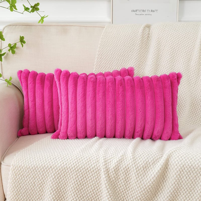 Soleebee Set of 2 Throw Pillow Covers Soft Cozy Velvet Pillowcase Faux Rabbit Fur Cover for Couch Sofa Bed Chair Home Decorative Pillows Cover (12x20 Inch  HOT Pink) - Image 1