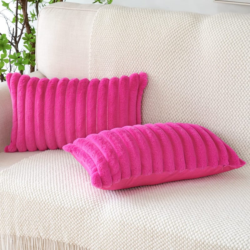 Soleebee Set of 2 Throw Pillow Covers Soft Cozy Velvet Pillowcase Faux Rabbit Fur Cover for Couch Sofa Bed Chair Home Decorative Pillows Cover (12x20 Inch  HOT Pink) - Image 2