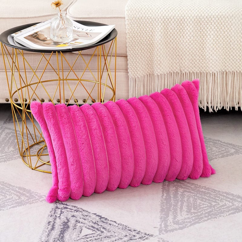 Soleebee Set of 2 Throw Pillow Covers Soft Cozy Velvet Pillowcase Faux Rabbit Fur Cover for Couch Sofa Bed Chair Home Decorative Pillows Cover (12x20 Inch  HOT Pink) - Image 3