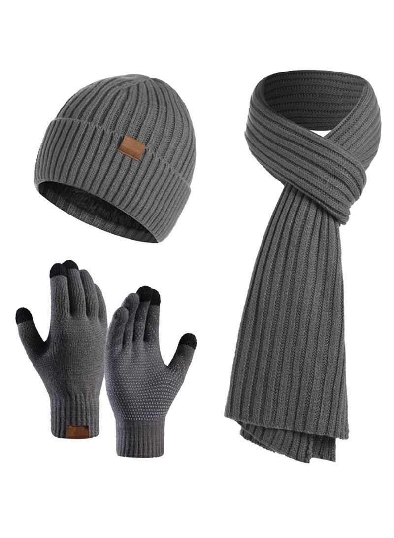 KASTWAVE 3Pcs Winter Beanie Hat Scarf Gloves Set, Set for Men Womens Ski Cap Touch Screen Mittens Suit Couples Matching Hats for Men Women (Dark Grey)  - Image 1